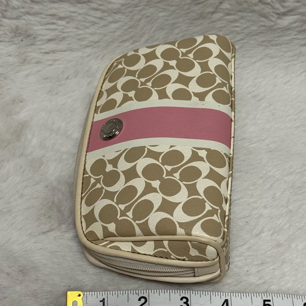Coach Beige Signature Cosmetic Case with Pink Center Stripe - Picture 7 of 8
